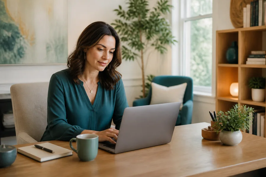 Therapist working at a laptop in a calm private-practice office.